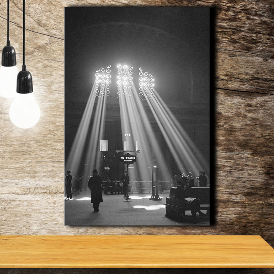 Vintage Train Station Black And White Print, Chicago Illinois Union Train Station Canvas Prints Wall Art Home Decor