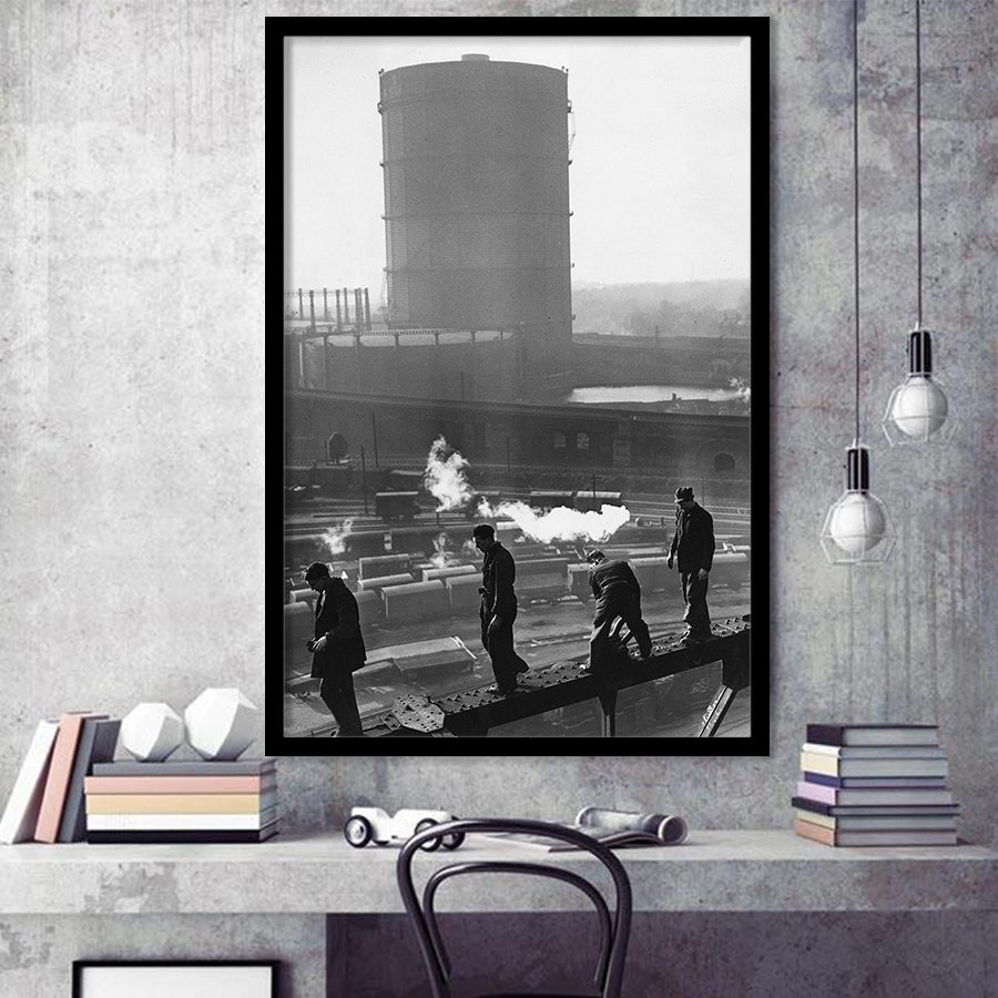Vintage Trainyard Black And White Print, Industrial Workers Of America Framed Art Print Wall Art Decor,Framed Picture