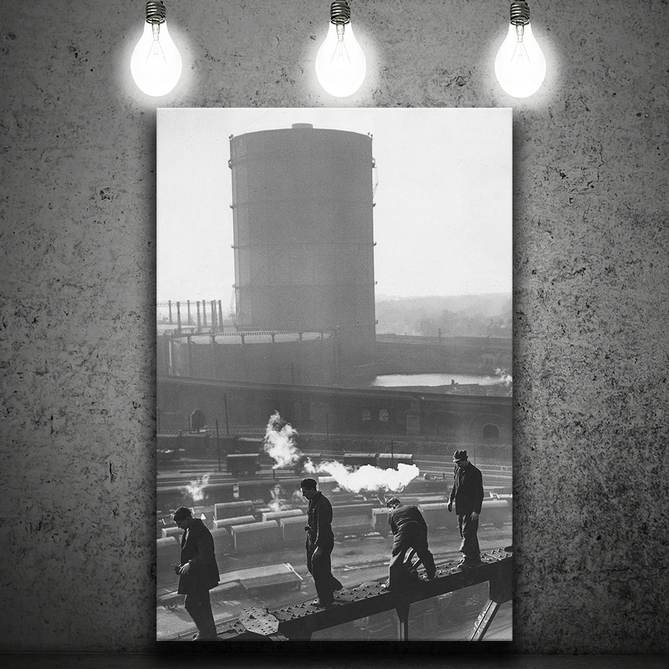 Vintage Trainyard Black And White Print, Industrial Workers Of America Canvas Prints Wall Art Home Decor