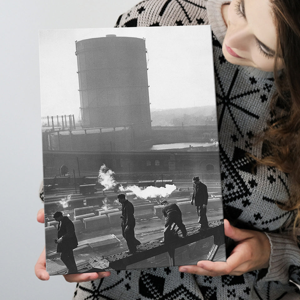 Vintage Trainyard Black And White Print, Industrial Workers Of America Canvas Prints Wall Art Home Decor