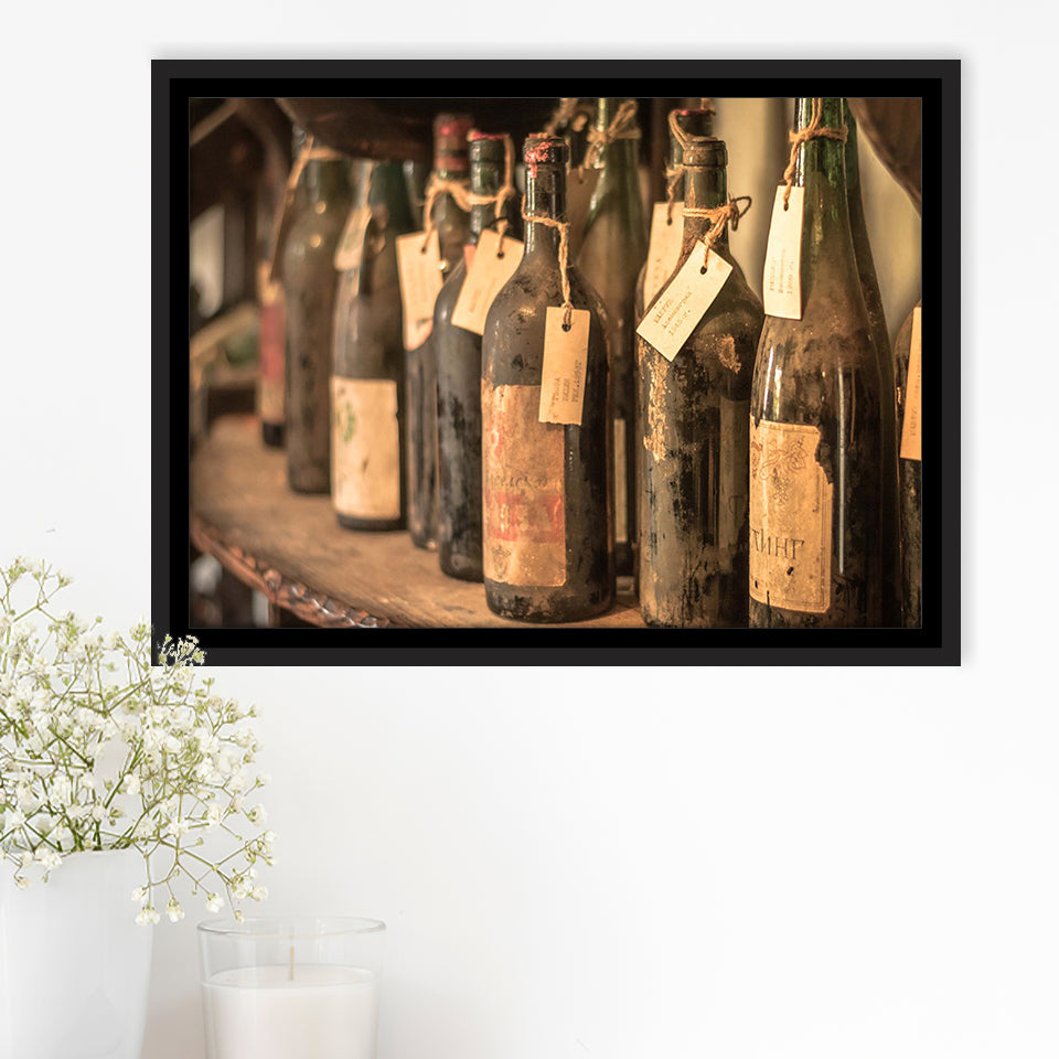 Vintage Wine, Wine Framed Canvas Prints Wall Art Decor, Black Floating Frame