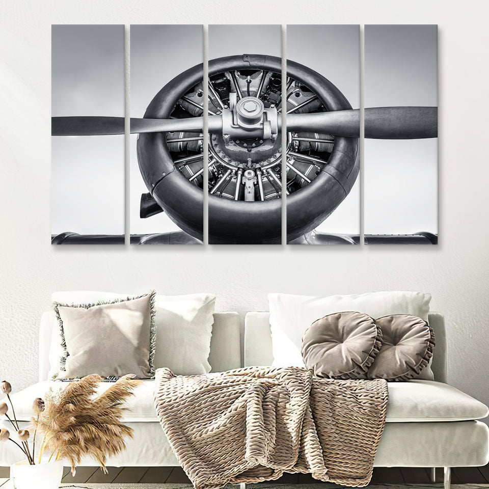 Vintage Aircraft Cylinder Propeller 5 Piece B Canvas Prints Wall Art Decor - Painting Canvas, Multi Panels