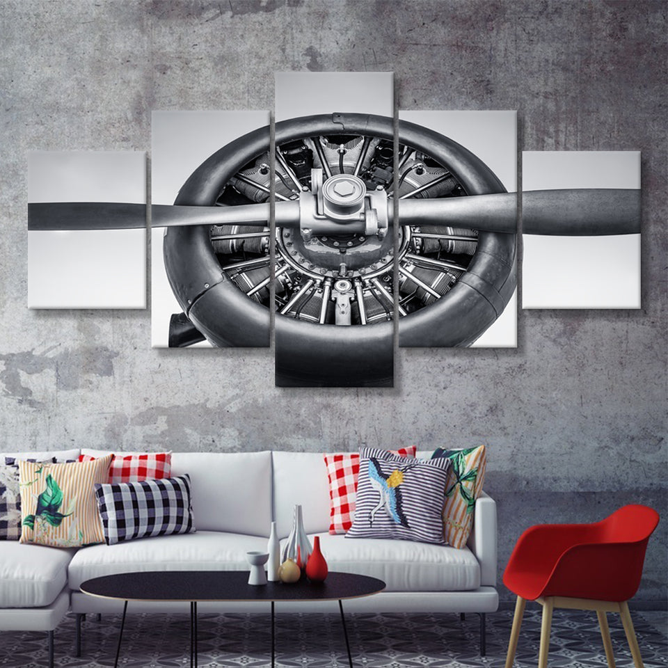 Vintage Aircraft Cylinder Propeller 5 Piece Canvas Prints Wall Art Decor - Painting Canvas, Multi Panels
