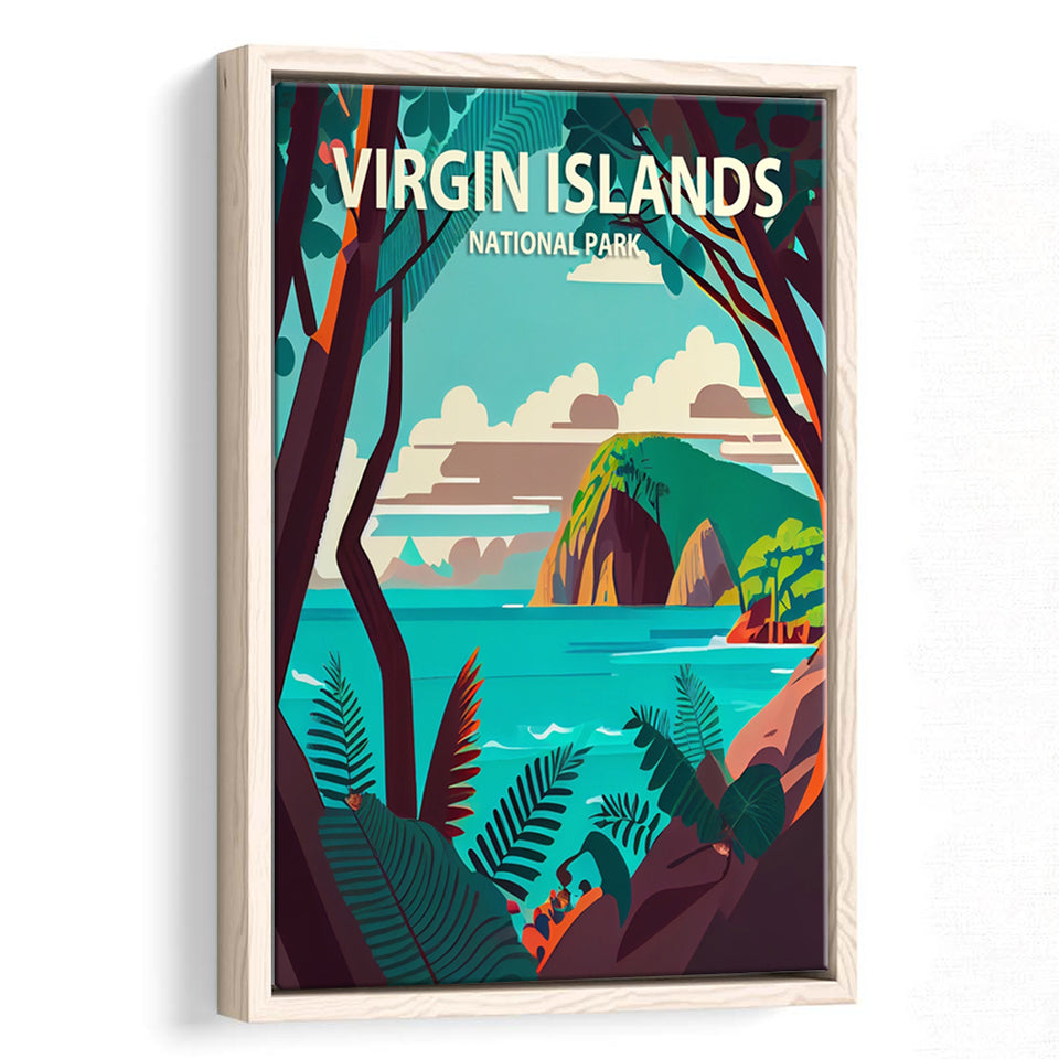 Virgin Islands Park Retro Art Print, Large Canvas, Framed Canvas Print Wall Art Home Decor, Floating Frame