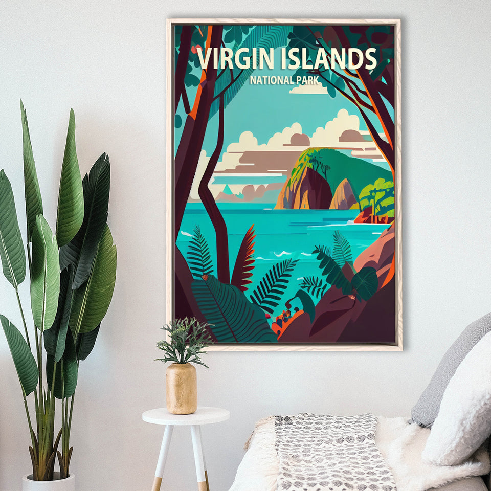 Virgin Islands Park Retro Art Print, Large Canvas, Framed Canvas Print Wall Art Home Decor, Floating Frame