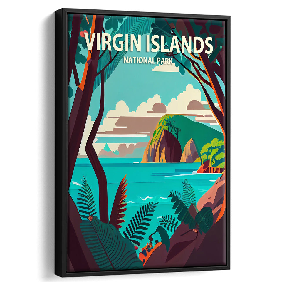 Virgin Islands Park Retro Art Print, Large Canvas, Framed Canvas Print Wall Art Home Decor, Floating Frame