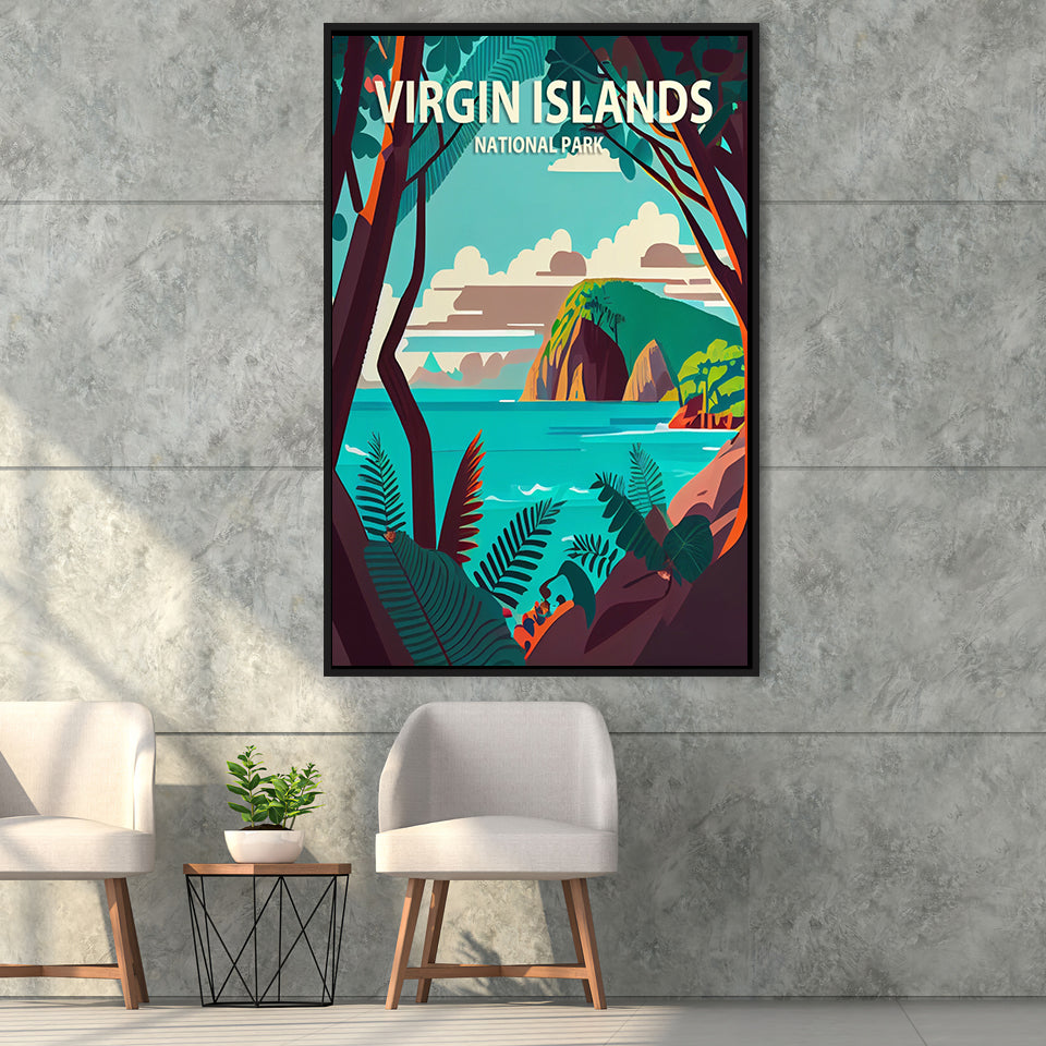 Virgin Islands Park Retro Art Print, Large Canvas, Framed Canvas Print Wall Art Home Decor, Floating Frame