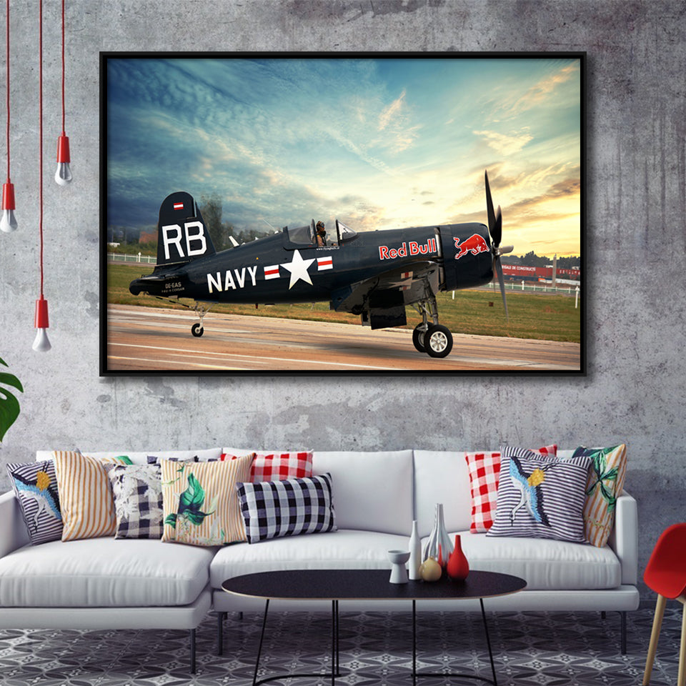 Vought F4U Corsair Red Bull Framed Canvas Prints Wall Art Decor - Painting Canvas, Black Framed Picture