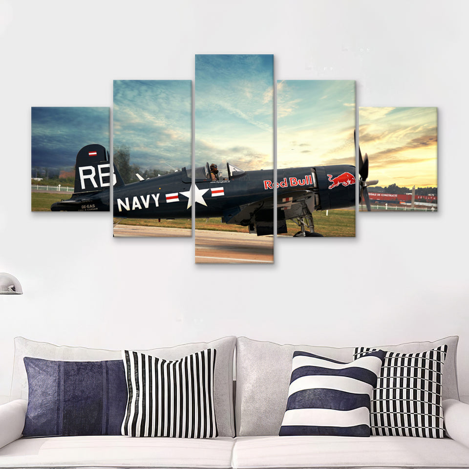 Vought F4U Corsair Red Bull 5 Piece Canvas Prints Wall Art Decor - Painting Canvas, Multi Panels