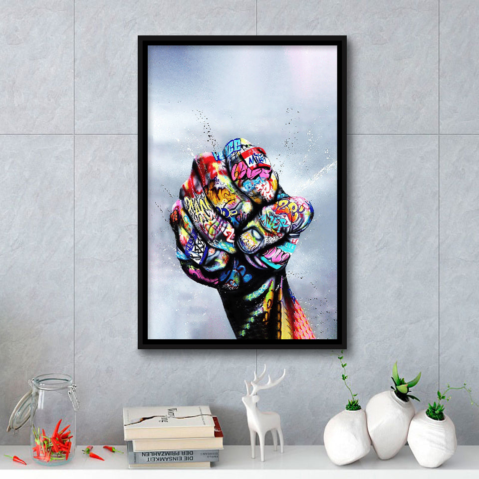 World Unity Power Fist Graffiti Art Framed Canvas Prints Wall Art Decor - Painting Canvas, Floating Frame, Framed Picture