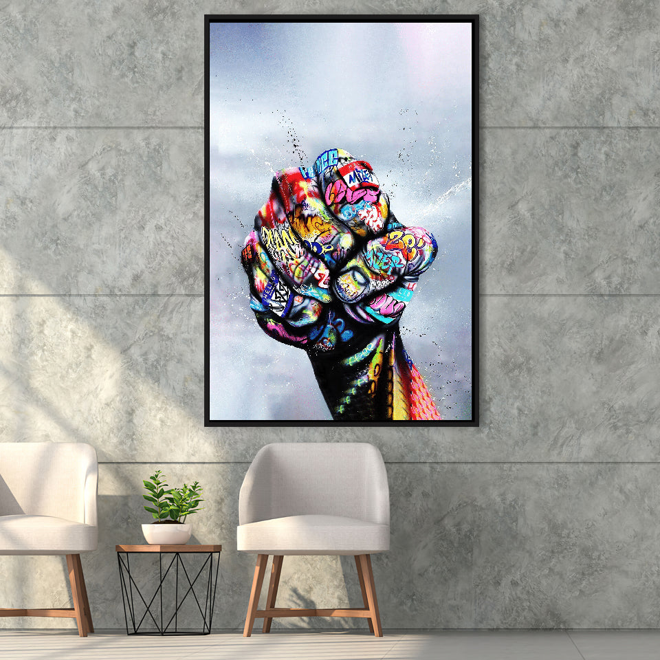 World Unity Power Fist Graffiti Art Framed Canvas Prints Wall Art Decor - Painting Canvas, Floating Frame, Framed Picture