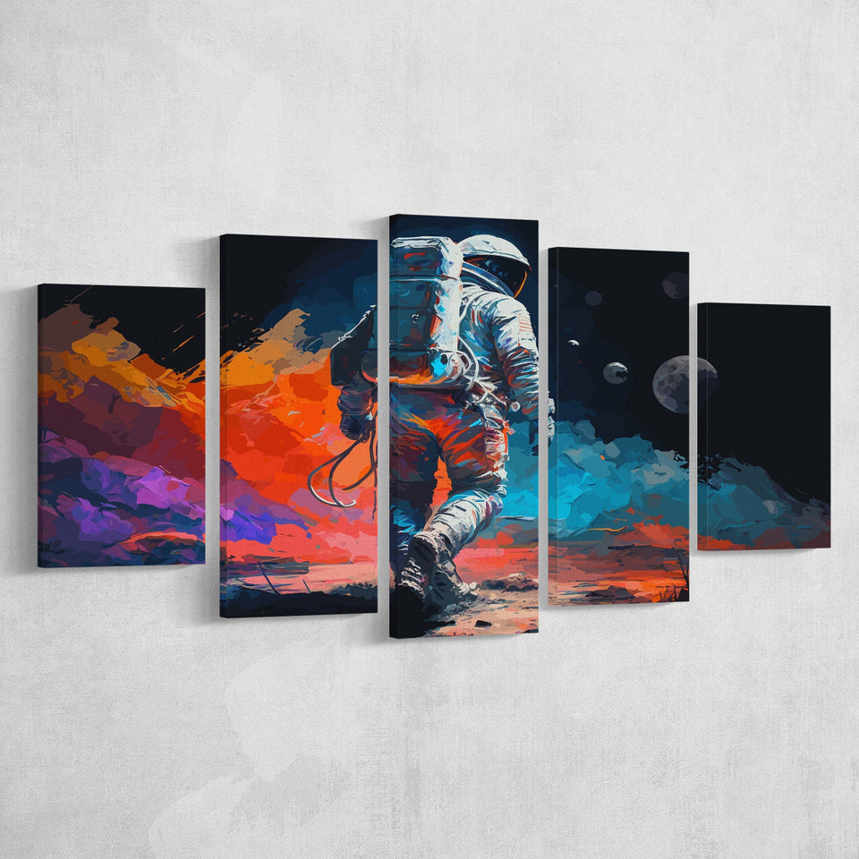 Walking Astronaut Wall Art, Space Water Color Painting Art, 5 Panel Canvas Prints Wall Art,Mixed Canvas, Large Canvas