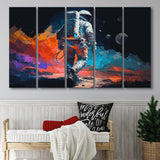 Walking Astronaut Wall Art, Space Water Color Painting Art, 5 Panel B Canvas Prints Wall Art, Extra Large Canvas Decor