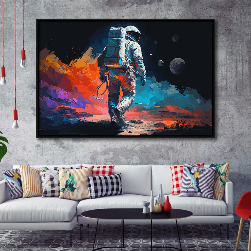 Walking Astronaut Wall Art, Space Water Color Painting Art Framed Canvas Prints Wall Art, Floating Frame, Large Canvas Home Decor