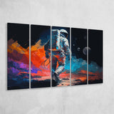 Walking Astronaut Wall Art, Space Water Color Painting Art, 5 Panel B Canvas Prints Wall Art, Extra Large Canvas Decor