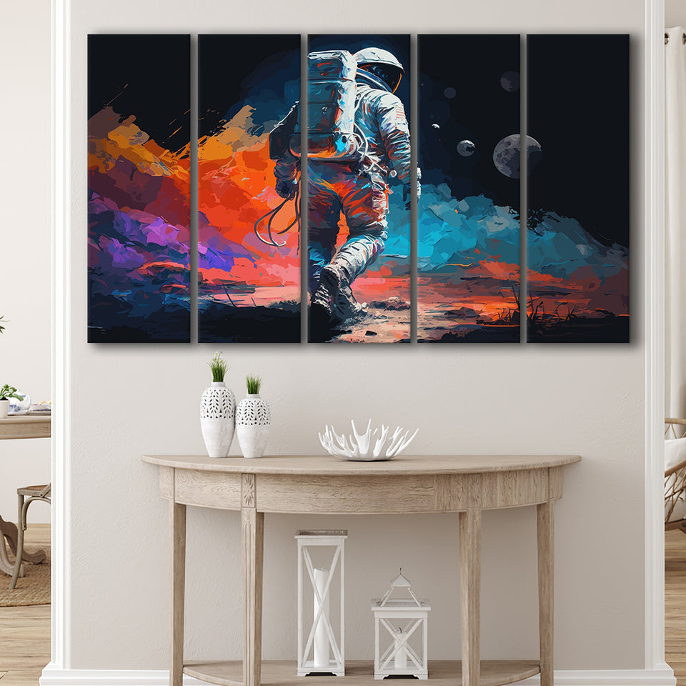 Walking Astronaut Wall Art, Space Water Color Painting Art, 5 Panel B Canvas Prints Wall Art, Extra Large Canvas Decor