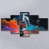 Walking Astronaut Wall Art, Space Water Color Painting Art, 5 Panel Canvas Prints Wall Art,Mixed Canvas, Large Canvas
