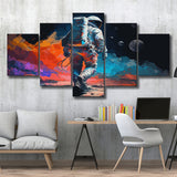 Walking Astronaut Wall Art, Space Water Color Painting Art, 5 Panel Canvas Prints Wall Art,Mixed Canvas, Large Canvas