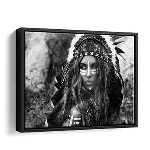 Warrior Girl With Feather Headdress Bw Framed Canvas Wall Art - Canvas Prints, Framed Art, Prints for Sale, Canvas Painting