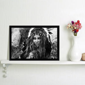 Warrior Girl With Feather Headdress Bw Framed Canvas Wall Art - Canvas Prints, Framed Art, Prints for Sale, Canvas Painting