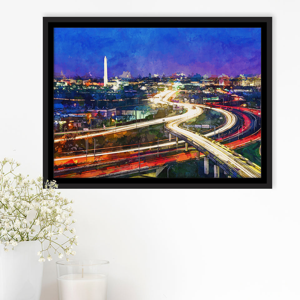 Washington Dc Skyline Highways Monuments City Art Watercolor Framed Canvas Prints Wall Art Home Decor,Floating Frame