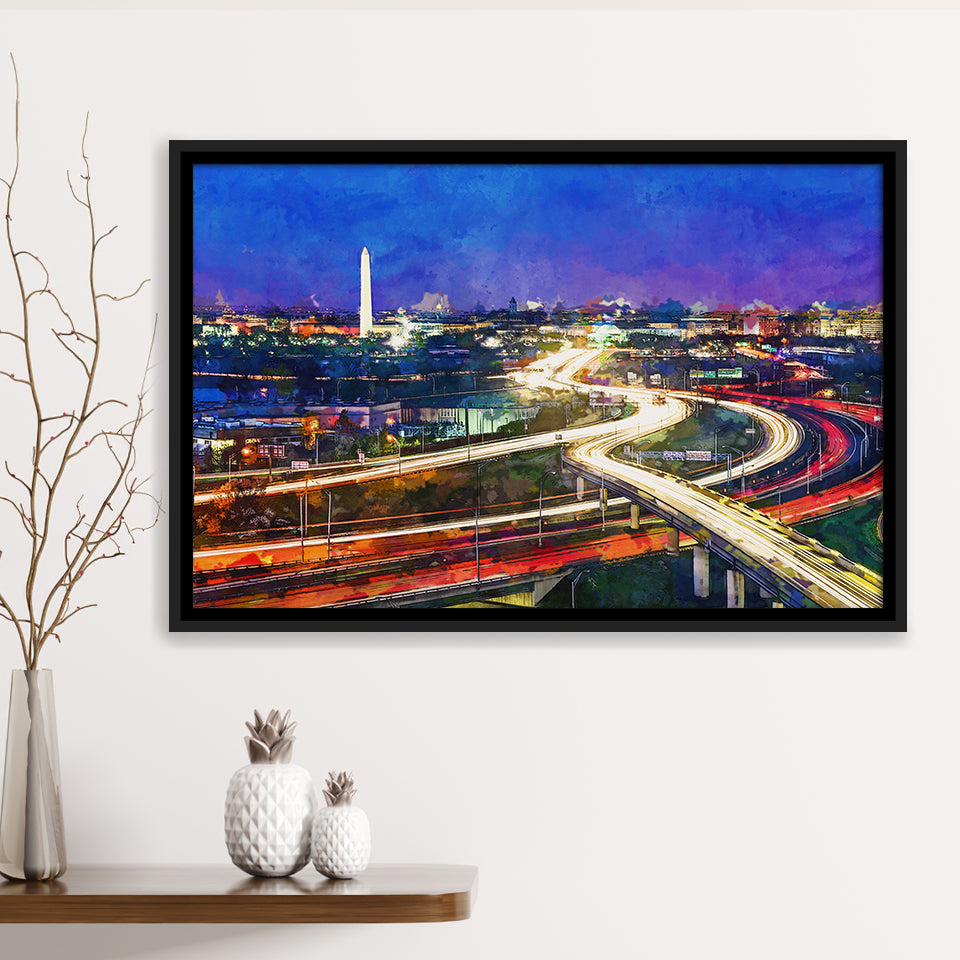 Washington Dc Skyline Highways Monuments City Art Watercolor Framed Canvas Prints Wall Art Home Decor,Floating Frame
