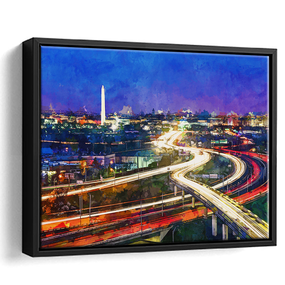 Washington Dc Skyline Highways Monuments City Art Watercolor Framed Canvas Prints Wall Art Home Decor,Floating Frame