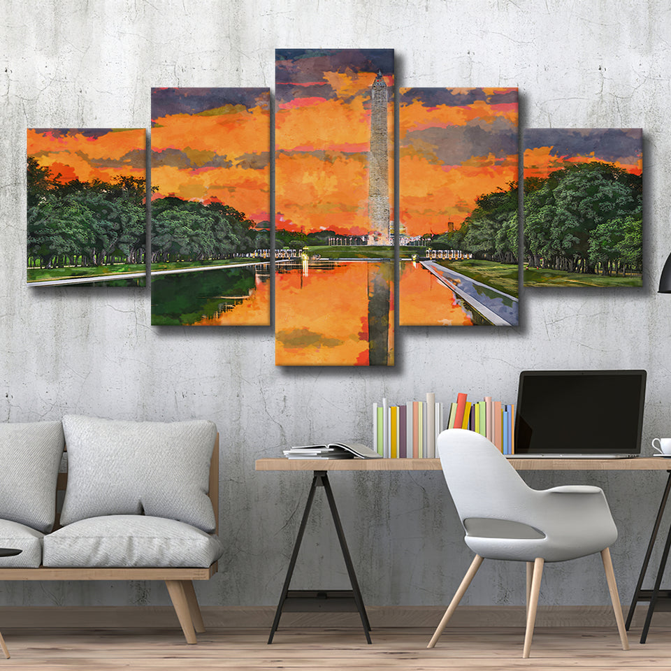 Washington Monument On Reflecting Pool Dc 5 Pieces Mixed Canvas Prints Wall Art Home Decor
