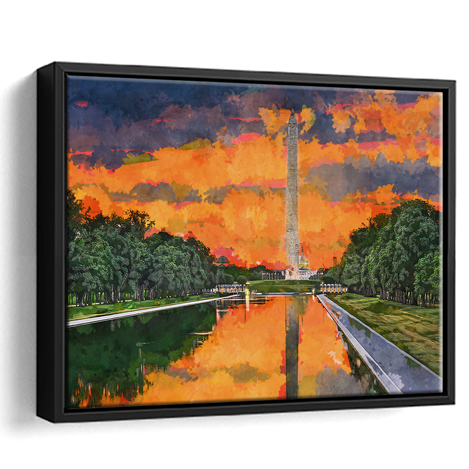 Washington Monument On Reflecting Pool Dc City Art Watercolor Framed Canvas Prints Wall Art Home Decor,Floating Frame
