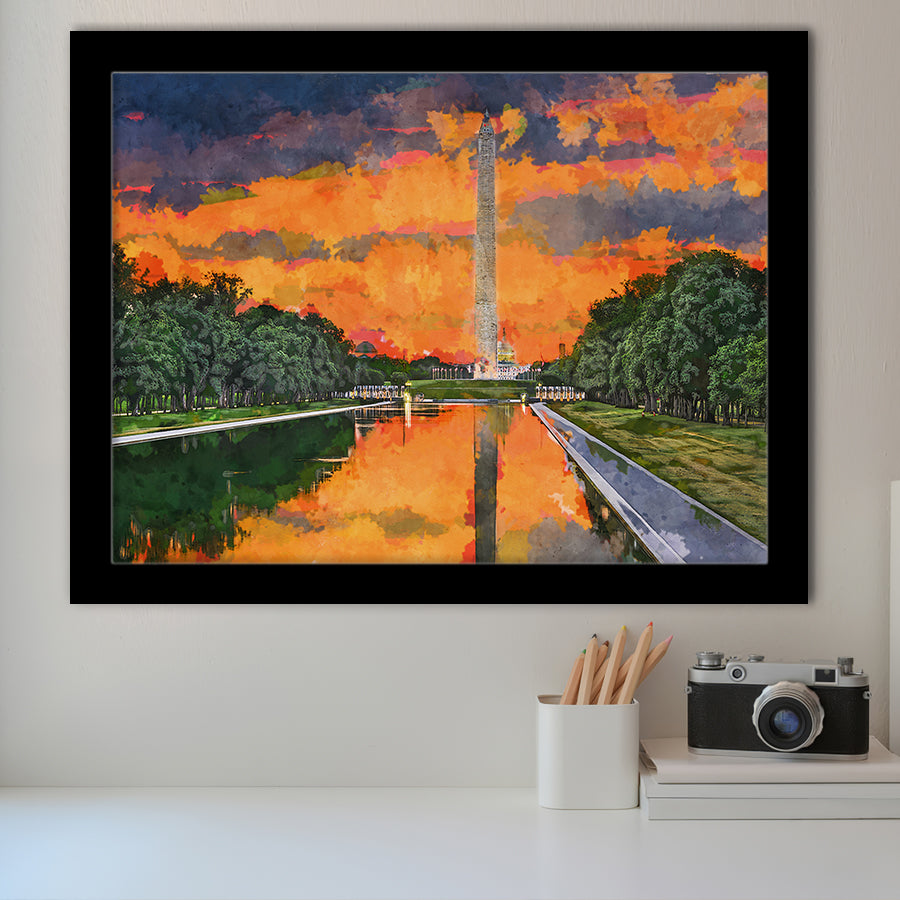 Washington Monument On Reflecting Pool Dc City Art Watercolor Framed Art Prints Wall Art Decor,Framed Picture