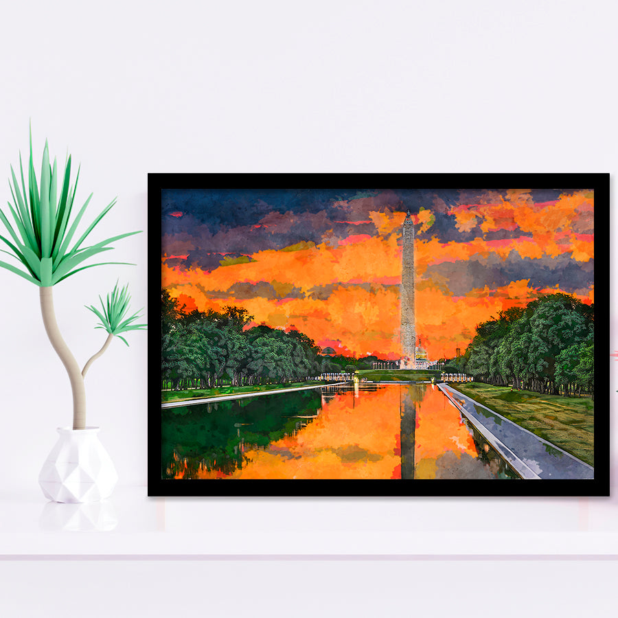 Washington Monument On Reflecting Pool Dc City Art Watercolor Framed Art Prints Wall Art Decor,Framed Picture