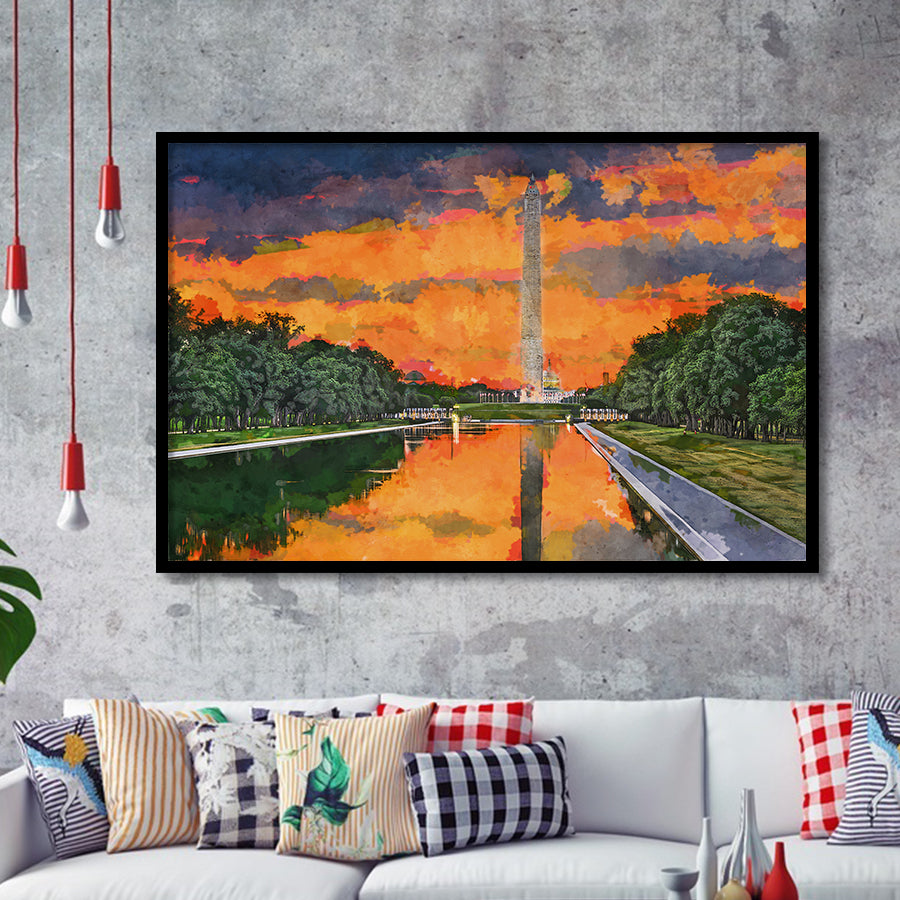 Washington Monument On Reflecting Pool Dc City Art Watercolor Framed Art Prints Wall Art Decor,Framed Picture