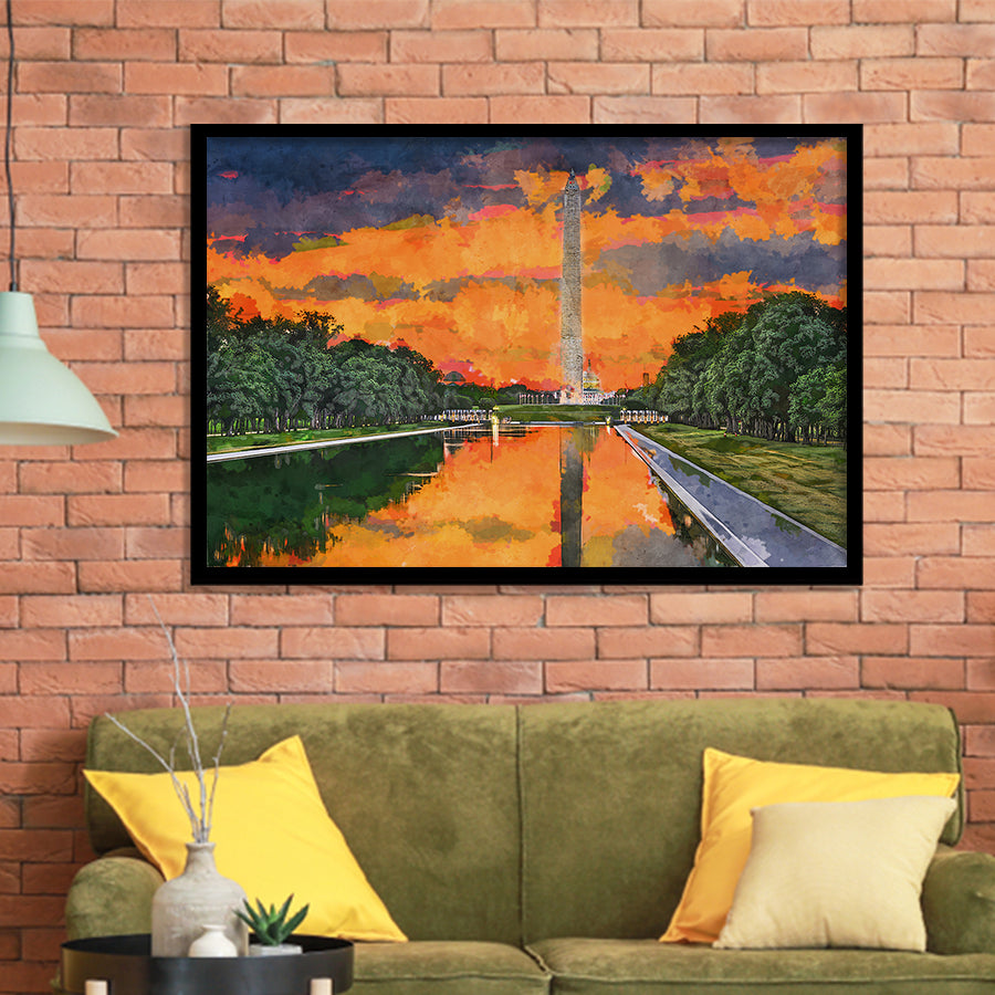 Washington Monument On Reflecting Pool Dc City Art Watercolor Framed Art Prints Wall Art Decor,Framed Picture