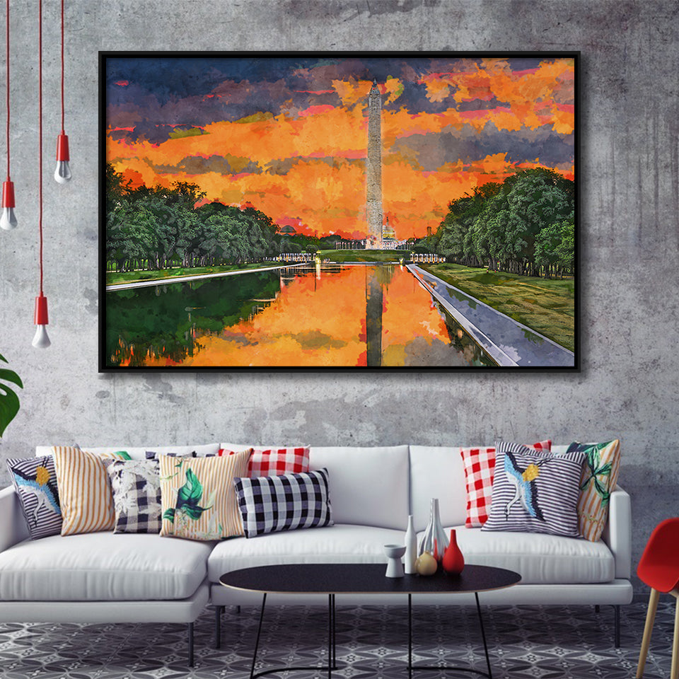 Washington Monument On Reflecting Pool Dc City Art Watercolor Framed Canvas Prints Wall Art Home Decor,Floating Frame
