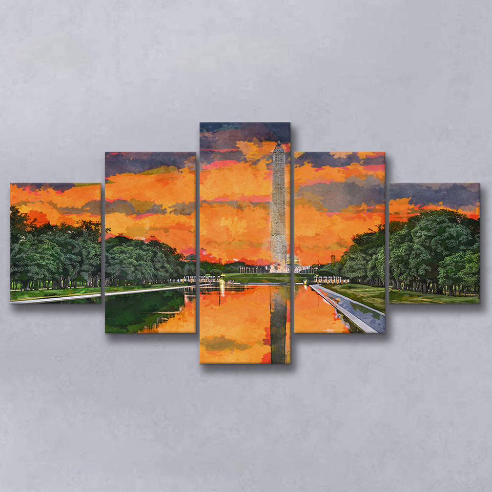 Washington Monument On Reflecting Pool Dc 5 Pieces Mixed Canvas Prints Wall Art Home Decor