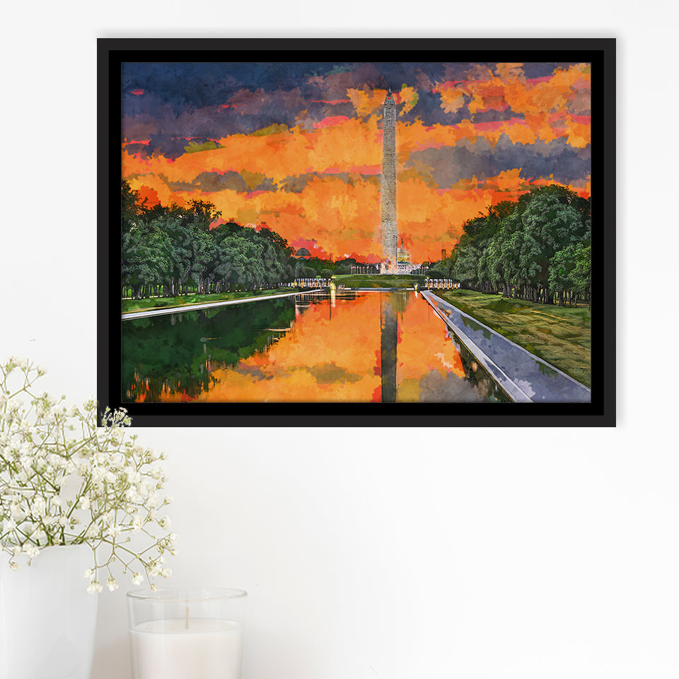 Washington Monument On Reflecting Pool Dc City Art Watercolor Framed Canvas Prints Wall Art Home Decor,Floating Frame