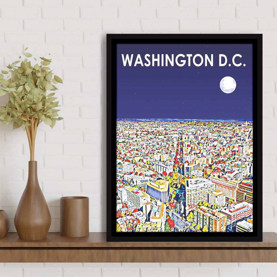 Washington DC Art City Night Landscape, Large Canvas, Framed Canvas Print Wall Art Home Decor, Floating Frame