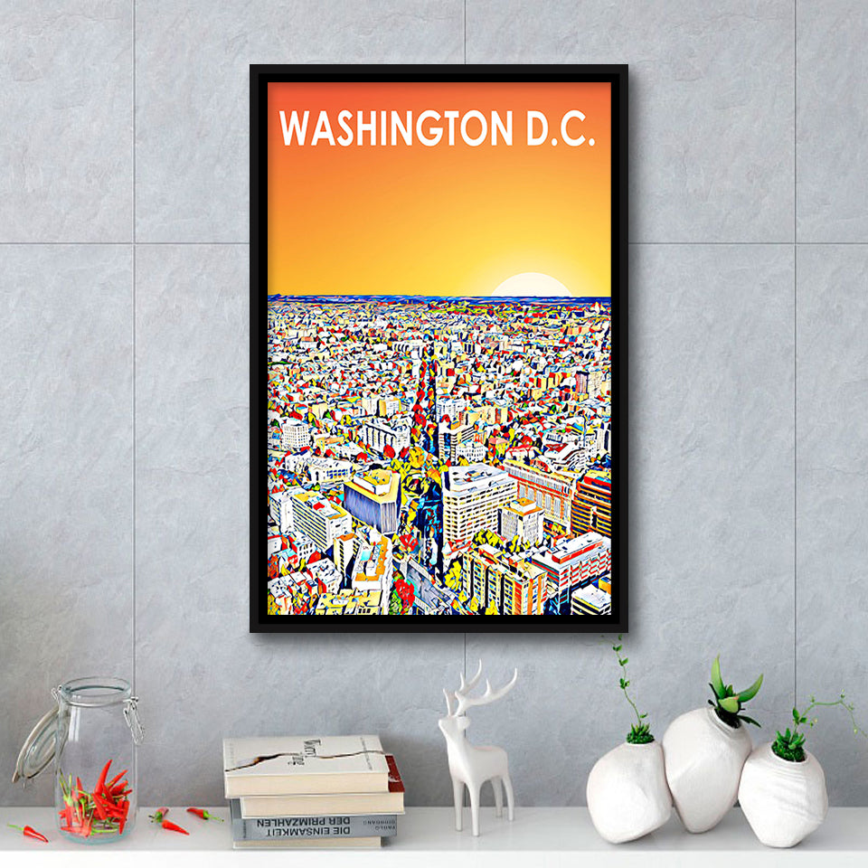 Washington DC Art City Sunset Landscape, Large Canvas, Framed Canvas Print Wall Art Home Decor, Floating Frame