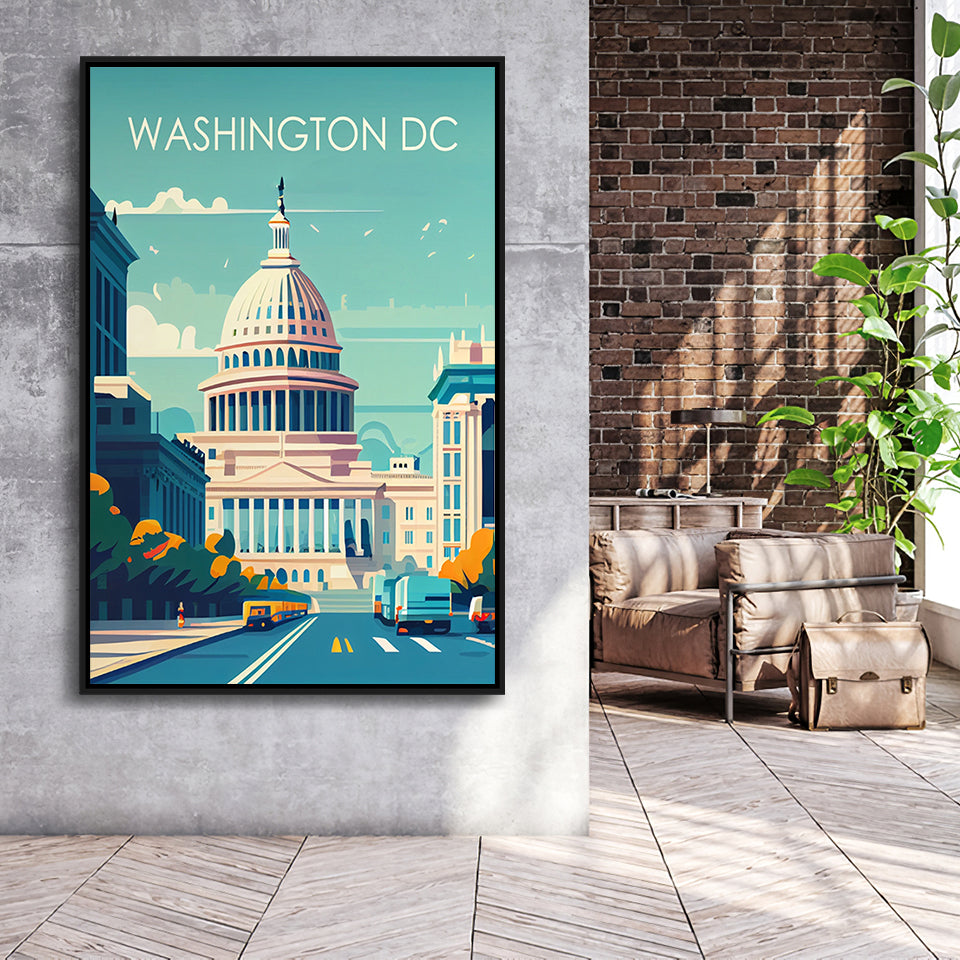 Washington DC Retro Art Print, Large Canvas, Framed Canvas Print Wall Art Home Decor, Floating Frame