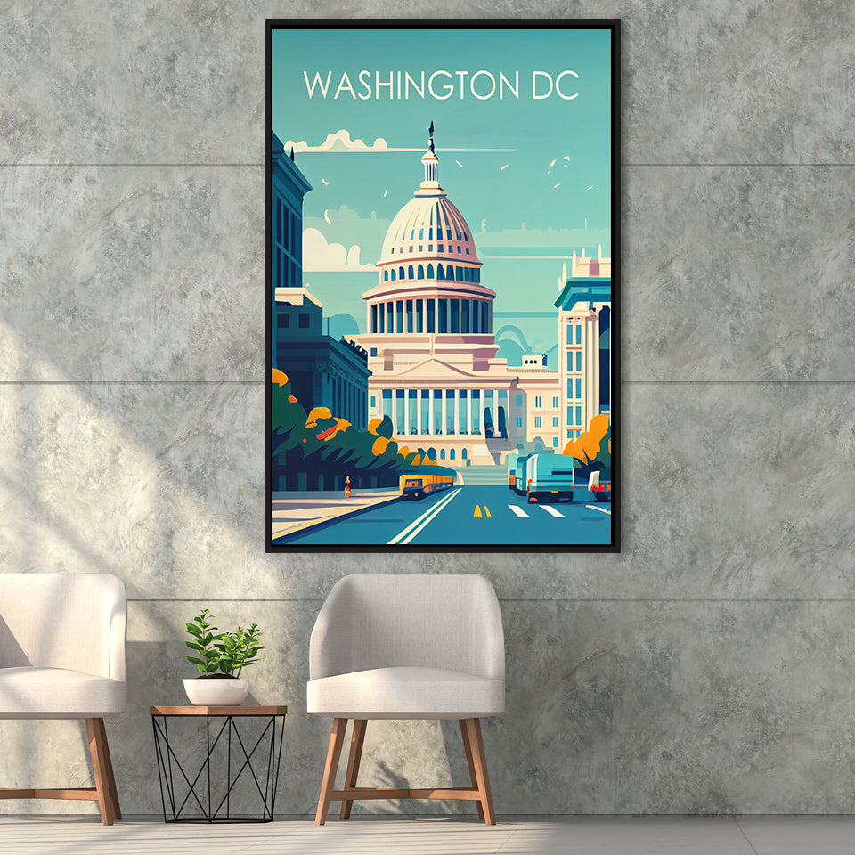 Washington DC Retro Art Print, Large Canvas, Framed Canvas Print Wall Art Home Decor, Floating Frame