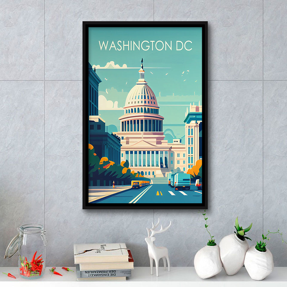 Washington DC Retro Art Print, Large Canvas, Framed Canvas Print Wall Art Home Decor, Floating Frame