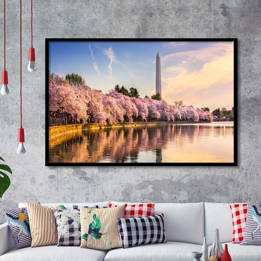 Washington DC USA at the tidal basin with Washington Monument Framed Art Prints Wall Decor - Painting Art, Wall Art, Home Decor