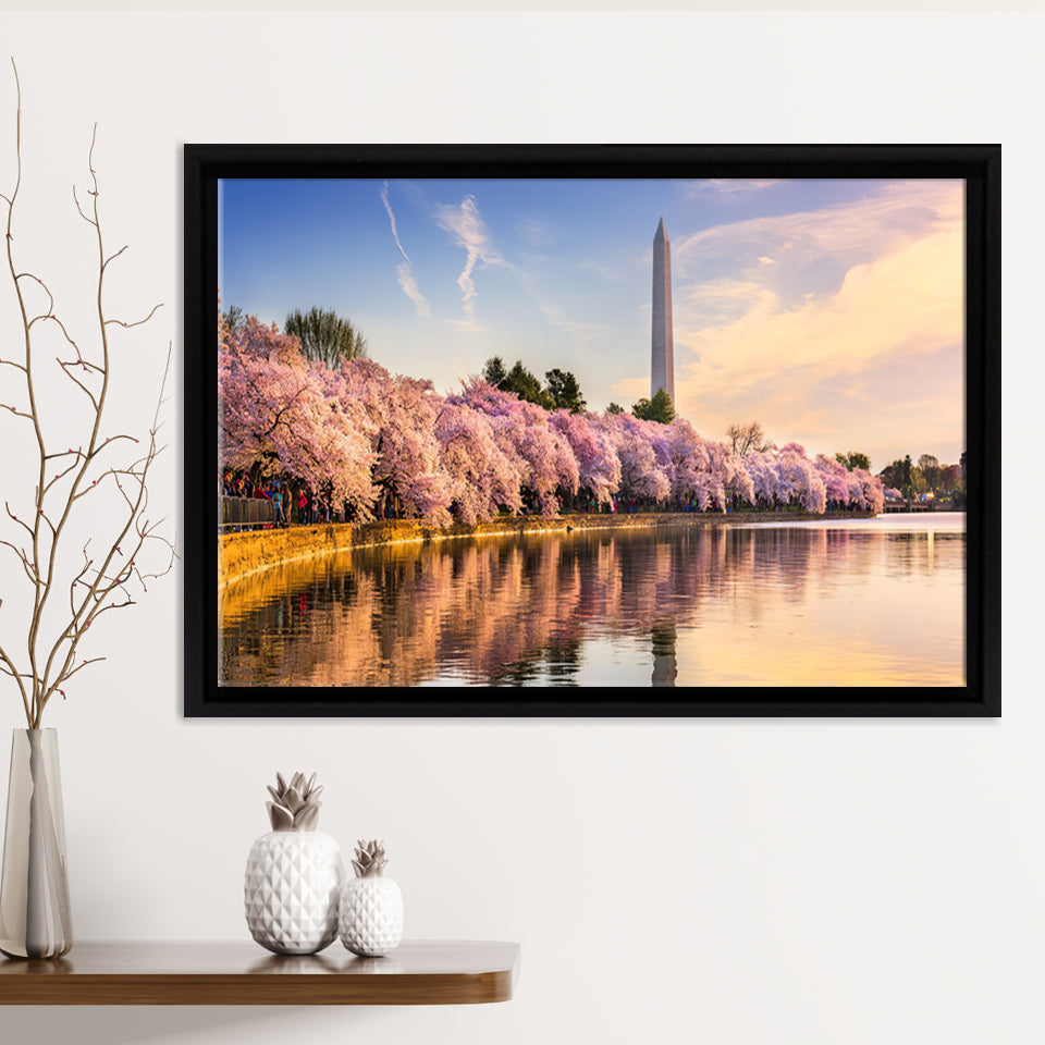 Washington DC USA at the tidal basin with Washington Monument Framed Canvas Prints Wall Art - Painting Canvas, Wall Decor, Home Decor