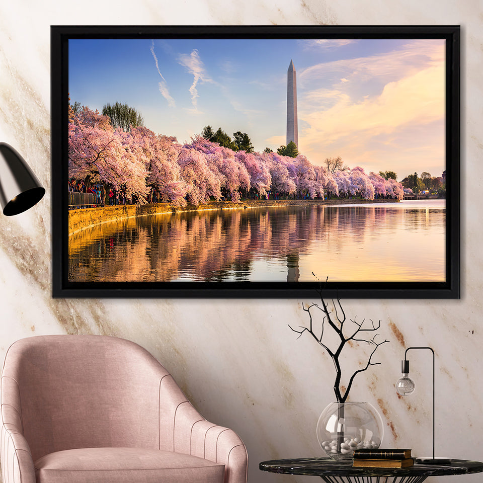 Washington DC USA at the tidal basin with Washington Monument Framed Canvas Prints Wall Art - Painting Canvas, Wall Decor, Home Decor
