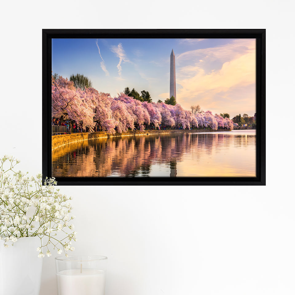 Washington DC USA at the tidal basin with Washington Monument Framed Canvas Prints Wall Art - Painting Canvas, Wall Decor, Home Decor