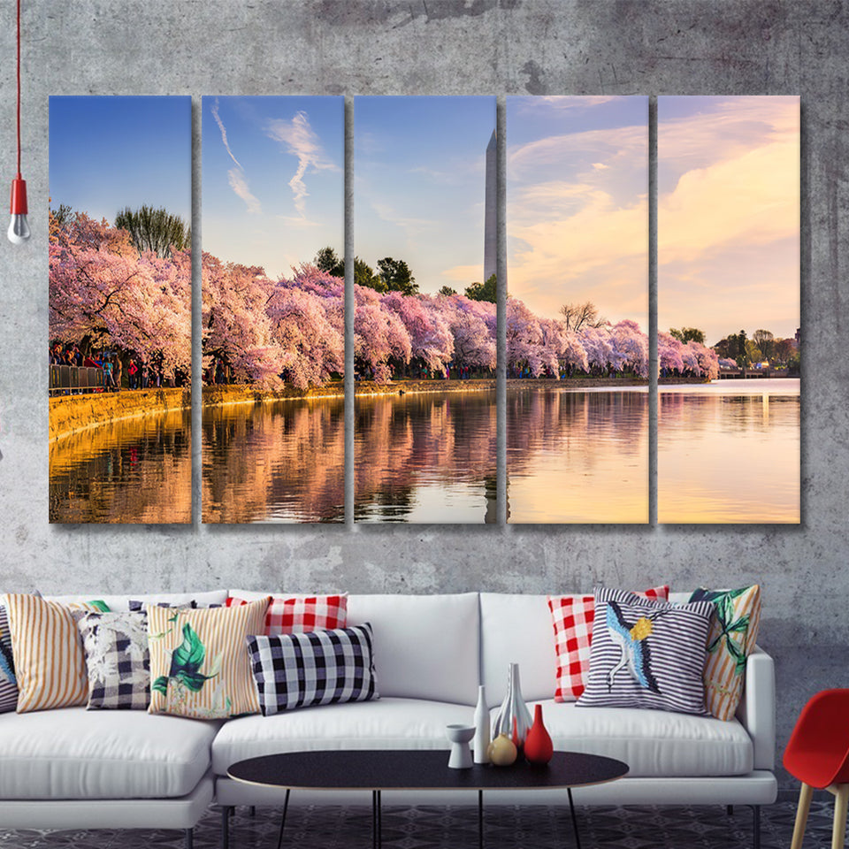Washington DC USA at the tidal basin with Washington Monument 5 Pieces Canvas Prints Wall Art - Painting Canvas, Multi Panels, Wall Decor