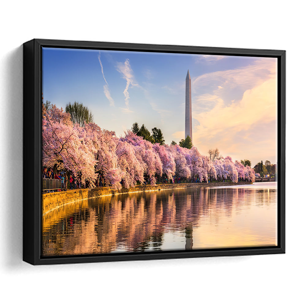 Washington DC USA at the tidal basin with Washington Monument Framed Canvas Prints Wall Art - Painting Canvas, Wall Decor, Home Decor