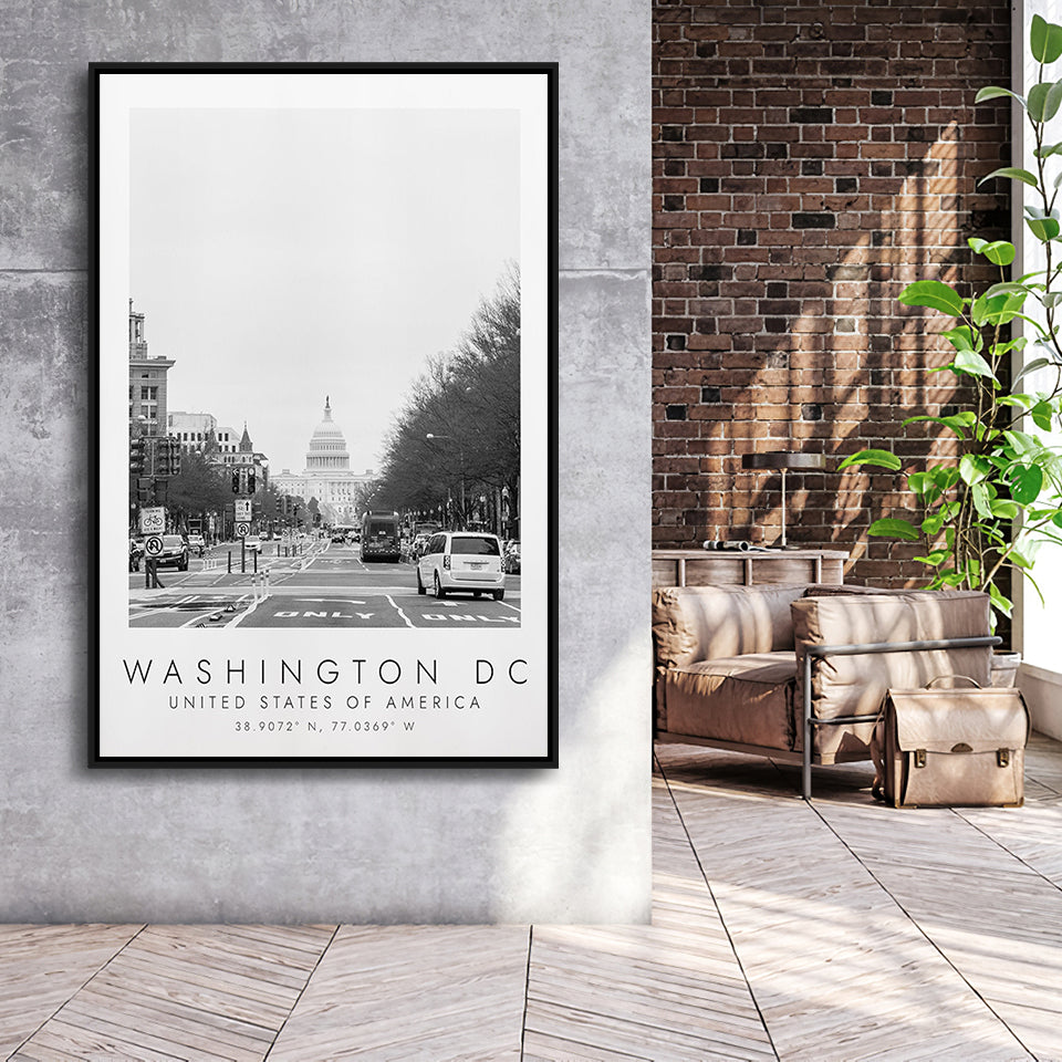 Washington Dc Usa Black And White Art Framed Canvas Prints Wall Art Home Decor, Floating Frame