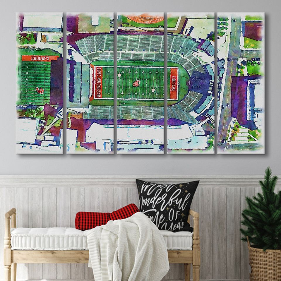 Washington State Cougars Martin Stadium Watercolor, 5 Pieces B, Multi Panel Canvas Prints Wall Art Decor
