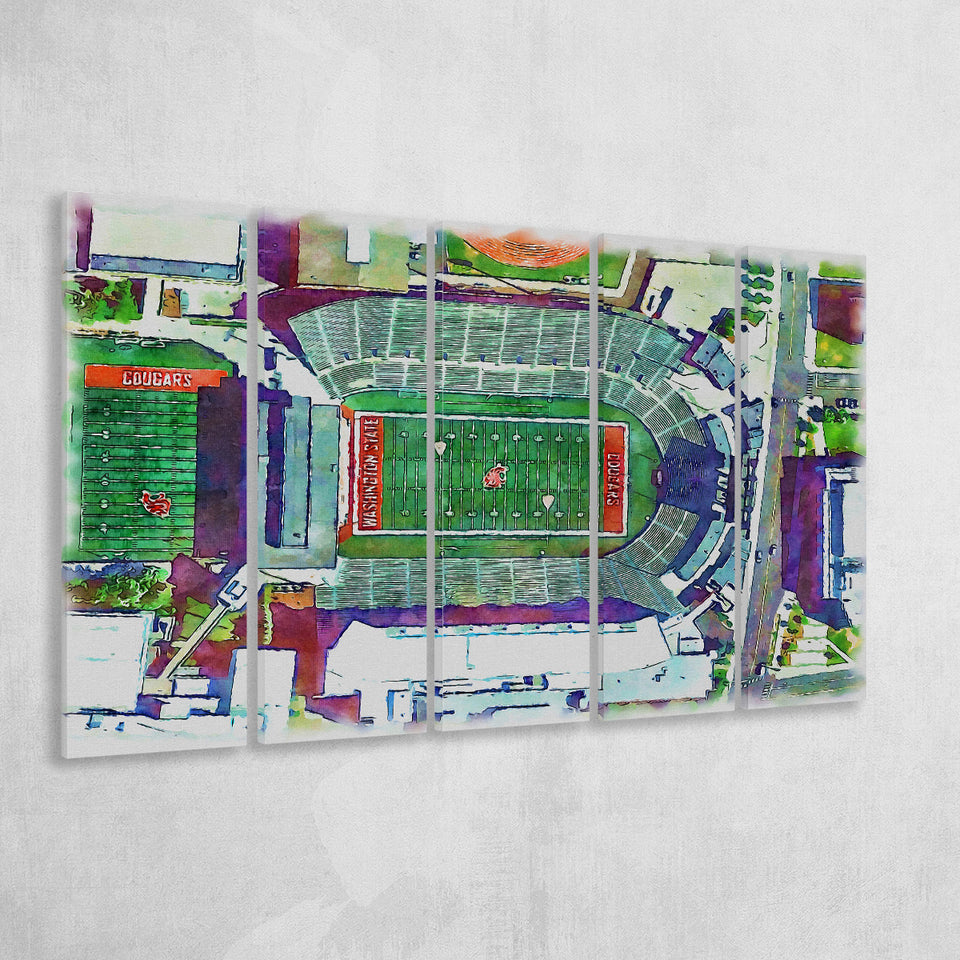 Washington State Cougars Martin Stadium Watercolor, 5 Pieces B, Multi Panel Canvas Prints Wall Art Decor